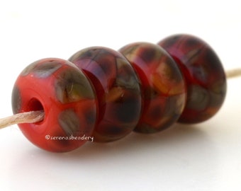 Lampwork Glass Bead Set PRALINE ROSE - TANERES sra red brown green - 11 mm, coral red lampwork bead