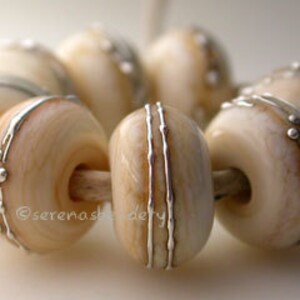 DARK IVORY with fine SILVER Wraps - Handmade Lampwork Glass Bead Set - taneres