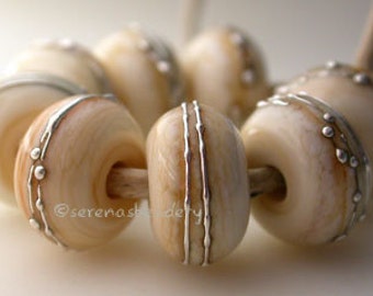 DARK IVORY with fine SILVER Wraps - Handmade Lampwork Glass Bead Set - taneres