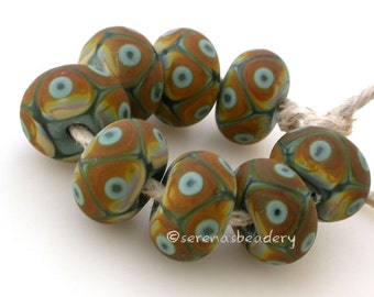 GREEN RAKU brown matte Offset Dots - Lampwork Glass Bead Set - multiple color choices, matte glass beads, green brown glass beads