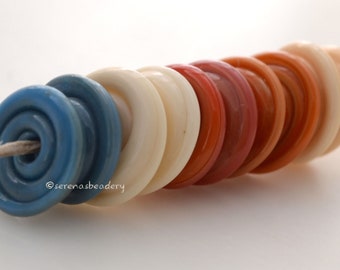 COUNTRY CABIN Lampwork Wavy Disc Beads, Glass Wavy Disk Set - ivory, orange, coral, turquoise - taneres #2277