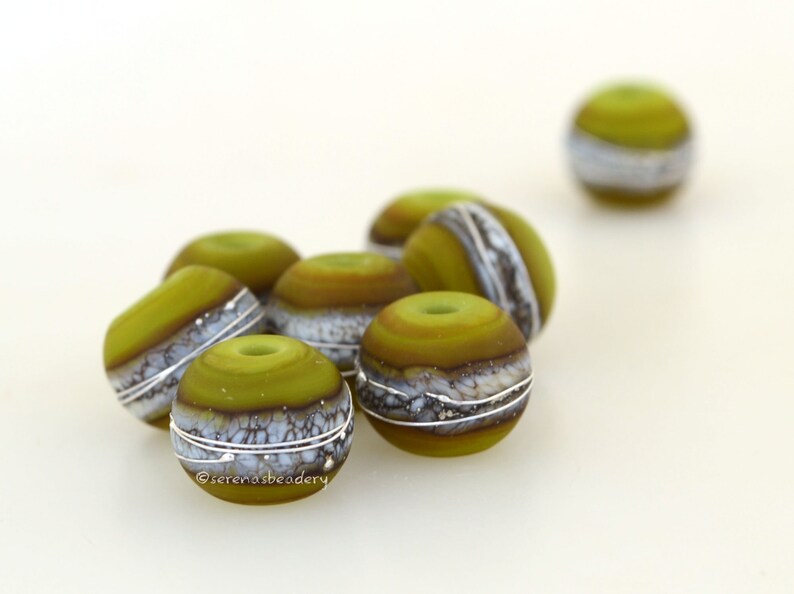 PISTACHIO Matte Round Earring Pair Lampwork Glass Bead taneres, silvered ivory and fine silver wrap, 10x12 mm, round glass beads image 2