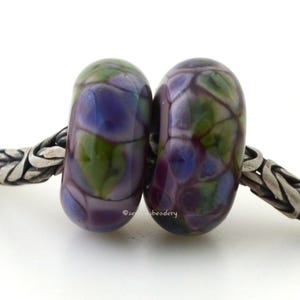 VIOLET SPRING Pair European Charm Lampwork Glass Beads - taneres sra purple green - glossy or matte