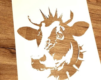 Punk cow stencil. Cut in tagboard (business card stock) paper size is 12x18 actual stencil is approximately 11.5 inches by 12 inches.