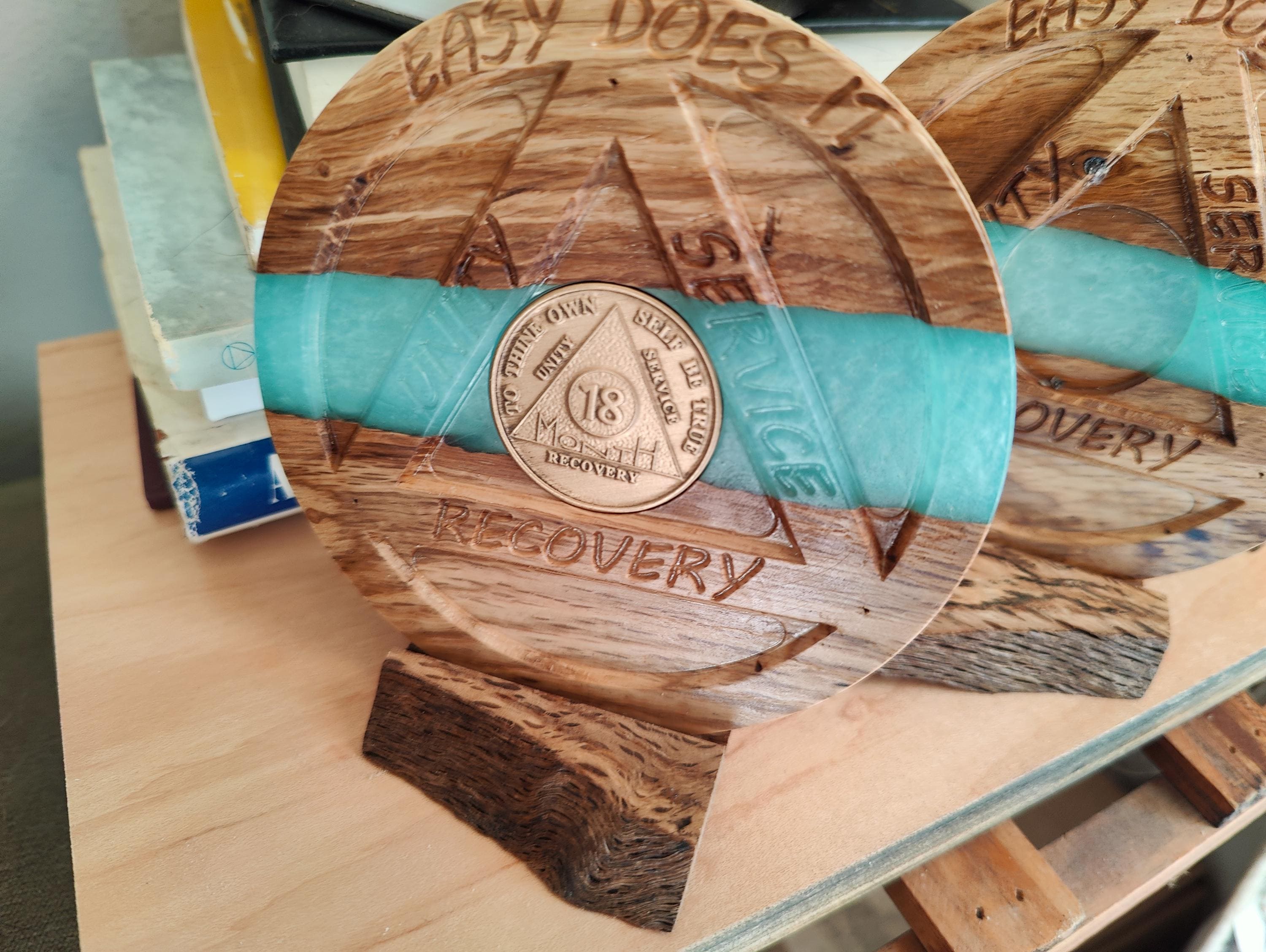AA, NA Coins, Sobriety Birthdays customized with name, amount of years etc. hand made in White oak, your choice of resin color. 4 1/2" x 3/8