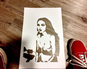 Highly detailed beautiful girl stencil. High detail. paint or Spray Stencil on heavy card stock, reusable. 11&quot; x 14&quot;