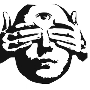 May include: A black and white graphic illustration of a face with hands covering the eyes. The image is a high-contrast design, with the face and hands rendered in white against a black background. The artwork has a minimalist style.