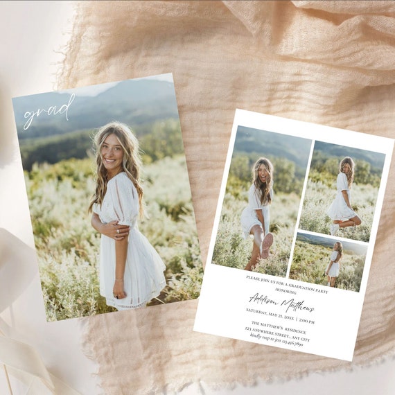 Modern Graduation Announcement Card, Editable Graduation Party Invite, Boho Photo Graduation Card, Minimalist Senior Announcement Card