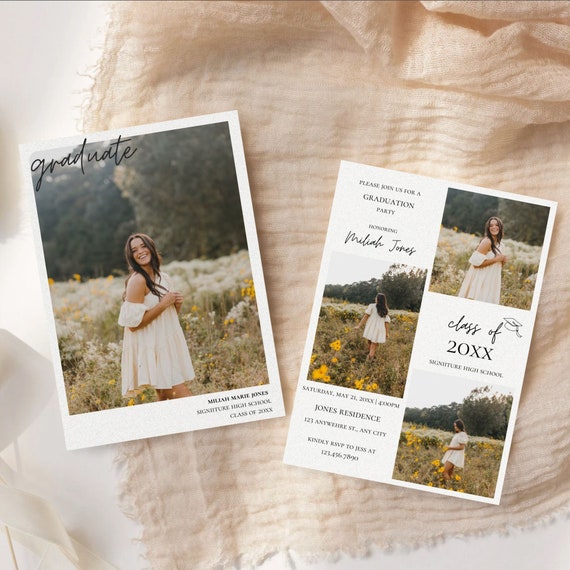 Boho Graduation Announcement Card, Editable Graduation Party Invite, Multiple Photo Graduation Card, Minimalist Senior Announcement Card