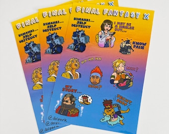 Hoja de pegatinas de vinilo de Final Fantasy X - Tidus, Yuna, Wakka, Riku, Lulu, Jecht, Auron, Kimahri