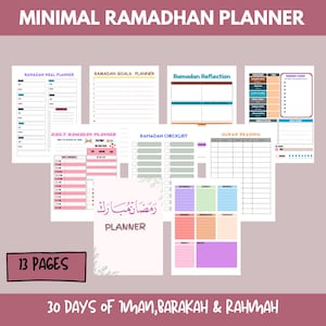 May include: A printable Ramadan planner with 13 pages, featuring a checklist, daily planner, meal planner, goals planner, reflection pages, and Quran reading tracker. The planner has a pink, blue, and green color scheme and includes the text "Ramadan Mubarak" in Arabic.