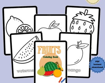 Può includere: Un libro da colorare di frutta digitale con 24 pagine. La copertina presenta un'illustrazione di anguria, banana, arancia e pera. Il libro include disegni al tratto di frutta come limone, mela, fragola e mango. Il testo dice "FRUITS Coloring Book" e "24 PAGES".