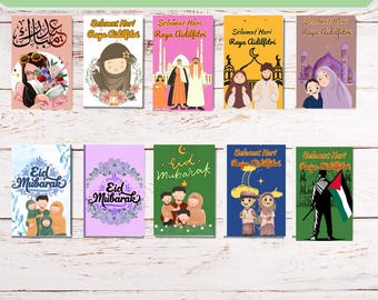 May include: A printable bundle of 10 Eid money envelope designs. The envelopes feature various illustrations, including a family, a mosque, and the Arabic phrase "Eid Mubarak".