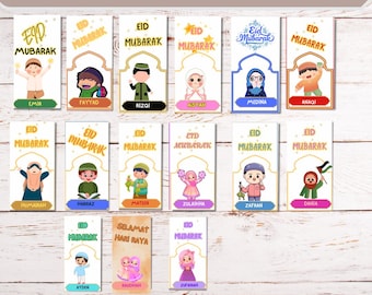 May include: Printable Eid money envelopes with 15 different designs featuring colorful illustrations of children. Each envelope has the text "Eid Mubarak" and a child's name.