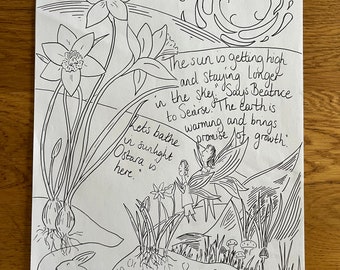 Hand Drawn Colouring Page- ‘The Coming Of Ostara’ (Fairies, Easter Rabbit, Spring Flowers)