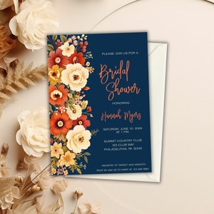 Navy and Orange Bridal Shower Invitation, Terra Cotta Bridal Shower Invitation, Bridal Shower Invitations Template Fall Colors