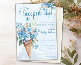 Invitación para despedida de soltera She's Been Scooped Up, invitaciones para despedida de soltera con temática de helado, despedida de soltera Scooped Up, despedida de soltera con helado