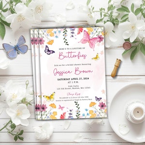 Ein Lebenzeit der Schmetterlinge Brautdusche Einladung, Tee-Party-Dusche, Wildblumen Brautdusche einladen, Wildblume Schmetterling Blumen einladen