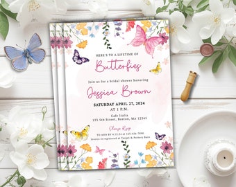Invitación para despedida de soltera con mariposas de por vida, fiesta de té, invitación para despedida de soltera con flores silvestres, invitación floral con mariposas y flores silvestres