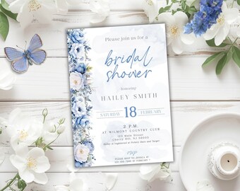 Plantilla de invitación para despedida de soltera Something Blue, invitación floral para despedida de soltera en azul polvoriento, invitación floral azul claro para despedida de soltera