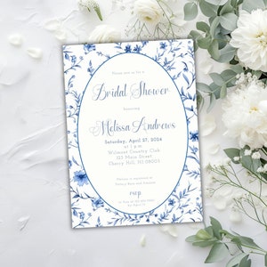 Blue Toile Bridal Shower Invitation, Something Blue Bridal Shower Invite Template, Floral Bridal Shower Invitation Dusty Blue