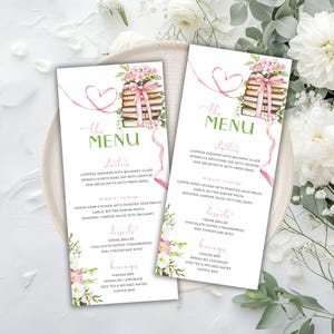 May include: A pink and green printable menu card with a floral design and a stack of books tied with a pink ribbon. The menu includes appetizers, main course, desserts, and beverages. The text on the menu card reads "The Menu".
