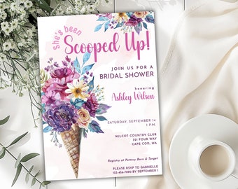 Invitación para despedida de soltera "She's Been Scooped Up", invitaciones para despedida de soltera con temática de helados, despedida de soltera "Scooped Up", despedida de soltera con helados