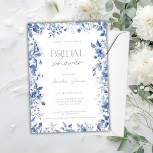 Floral Toile Bridal Shower Invitation Elegant Brunch Invite,Blue Toile Bridal Shower Invitation,Something Blue Bridal Shower Invite Template