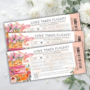 May include: Three pink and peach boarding passes for a bridal shower with a floral design and a plane illustration. The text on the passes reads "Love Takes Flight!" and "Boarding Pass to a Bridal Shower for Mia Thompson".