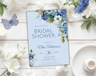 Something Blue Bridal Shower Invite Template, Blue Hydrangea Bridal Shower Invitation, Light Blue Floral Bridal Shower Invitation
