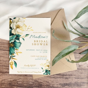 Teal and Gold Bridal Shower Invitation, Love In Bloom Bridal Shower Invitation, Emerald Green Bridal Shower Invitations Template Fall Colors
