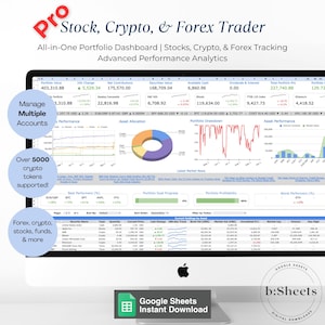 Könnte beinhalten: Ein Computerbildschirm zeigt ein Finanz-Dashboard mit Aktien-, Krypto- und Forex-Daten. Die Oberfläche zeigt die Portfolio-Performance, die Vermögensallokation und Marktnachrichten. Text enthält "Pro Stock, Crypto, & Forex Trader" und "Google Sheets Instant Download".