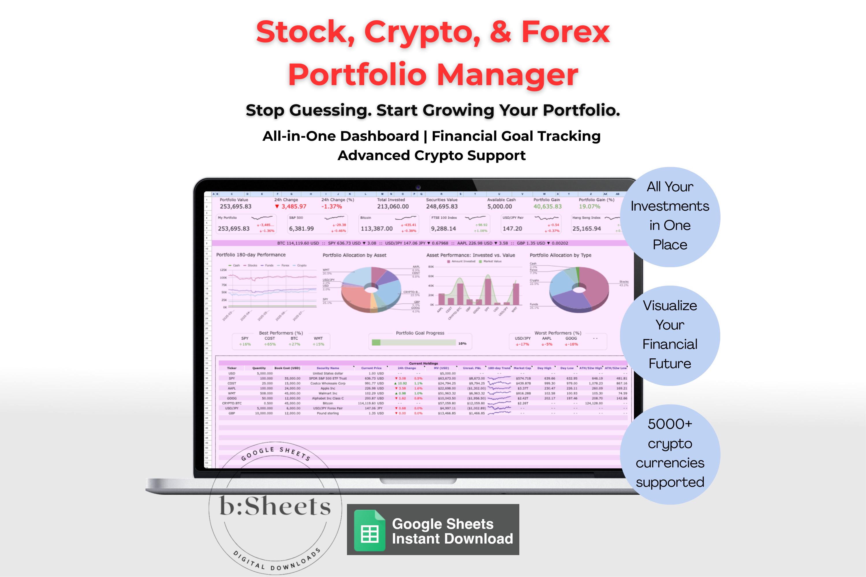 投資ポートフォリオ マネージャー: Google Sheets ダッシュボード、暗号通貨、株式、外国為替 (PDF ガイド付き) - Etsy 日本