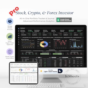 Pode incluir: Um rastreador e diário de portfólio digital exibido em um monitor de computador e tablet. A interface apresenta análises em modo escuro, incluindo gráficos, alocação de ativos e dados de mercado para ações, cripto e forex. O texto inclui: Pro Stock, Crypto, & Forex Investor, All-in-One Portfolio Tracker & Journal e b:Sheets.