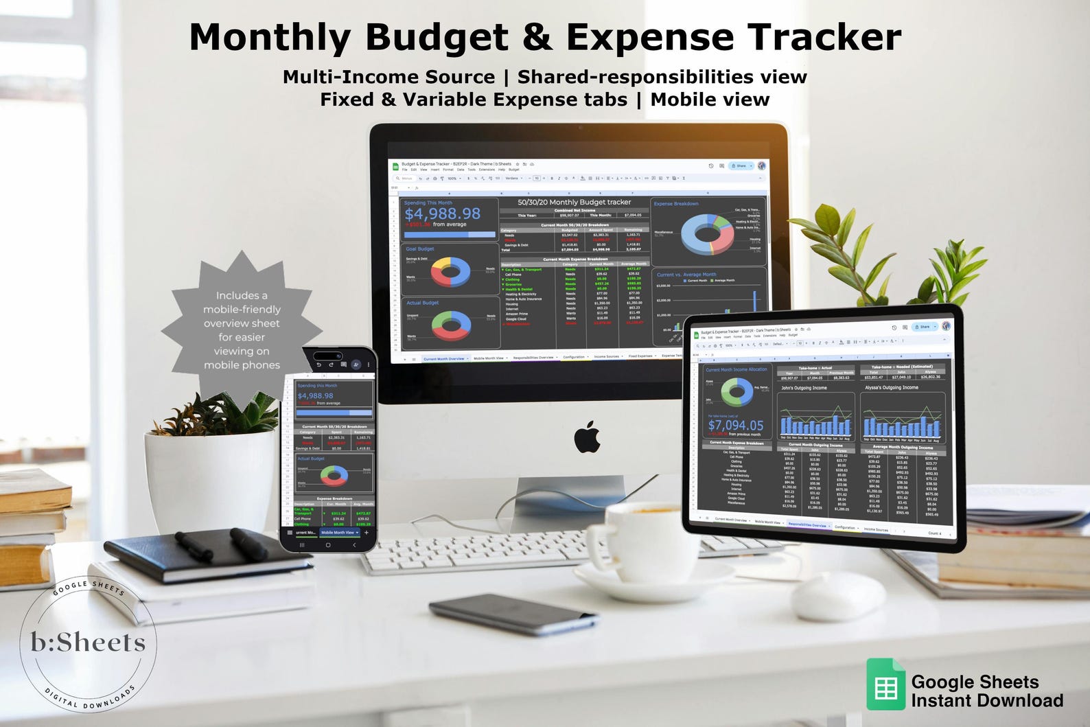 Monthly Budget Spreadsheet: Google Sheets Expense Tracker (digital ...