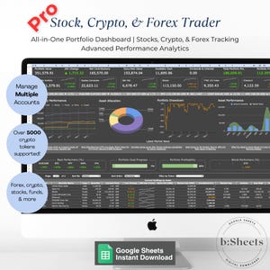 May include: A computer screen displaying a financial dashboard for stocks, crypto, and forex trading. The screen shows charts, graphs, and data tables with the text "Stock, Crypto, & Forex Trader." The dashboard supports over 5000 crypto tokens and manages multiple accounts.