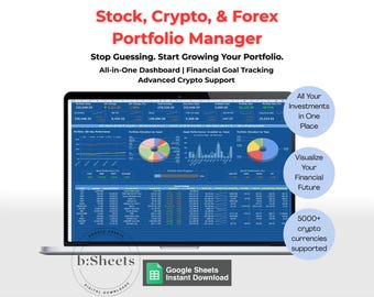 Suivi du portefeuille de placements : tableau de bord Google Sheets, cryptographie, actions, forex (téléchargement numérique)
