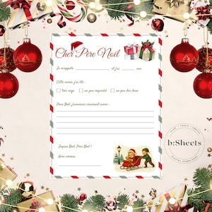 May include: A Christmas-themed printable letter to Santa Claus, with the text "Cher Père Noël" at the top. The letter has a red and white border and includes space to write a name, age, and Christmas wishes. Decorative elements include red ornaments and gift boxes.
