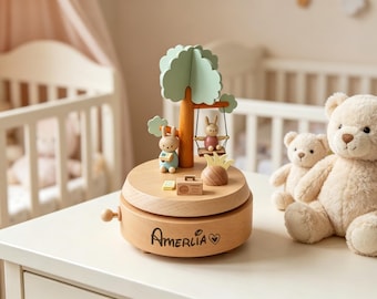 Boîte à musique personnalisée avec prénom, boîte à musique lapin, souvenir pour enfants, cadeau de baby shower, cadeau de nouveau-né, boîte à musique avec prénom sculpté
