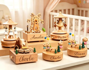 Carillon a forma di treno in legno personalizzato, regalo per la festa della mamma, regalo ricordo per bambini, regalo per baby shower, regali per neonati, carillon con nome inciso