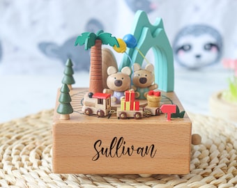 Customised Wooden Music Box / Engraved Name Music Box / Baby Christening Gift / Personalised Music Box Gift / Bear Train