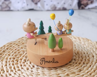 Customised Wooden Music Box / Engraved Name Music Box / Baby Christening Gift / Personalised Music Box Gift / Bear seesaw
