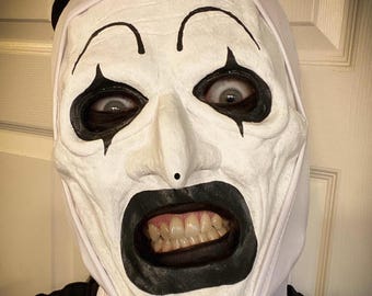 Artsy Clown Crazy Killer Mime Latex Half Mask Cut Open Mouth! (Comes with /white hood/tiny hat)