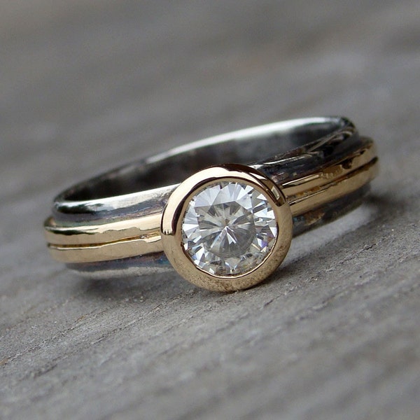 Moissanite, Recycled 14k Yellow Gold, and Recycled Sterling Silver Ring