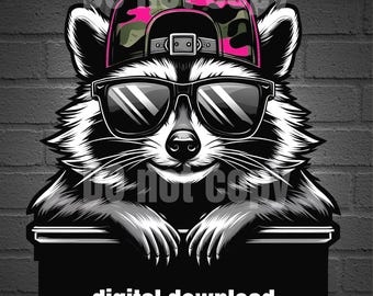 Camo Racoon PNG: Pink Camo Hat, Black (Digital Download)