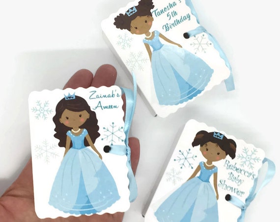 Winter Princess Party Favors | 12 Cute Personalized Boxes | Girl Baby Shower Girl Birthday | Blue Gown | Brown Skin Latina African American