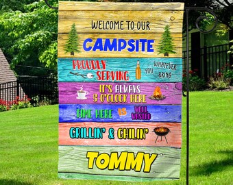 Personalized Campsite Flag, Welcome to Our Campsite Garden Flag, Custom Camping Flag, Camping Flag With Name, Vintage Camping SJYG07