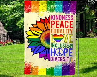 Support LGBT Double Garden Flag, Kindness Peace Equality Love LGBTQ Rainbow Garden Decor, Hippie Sunflower Yard Housewarming Gift SJ3242