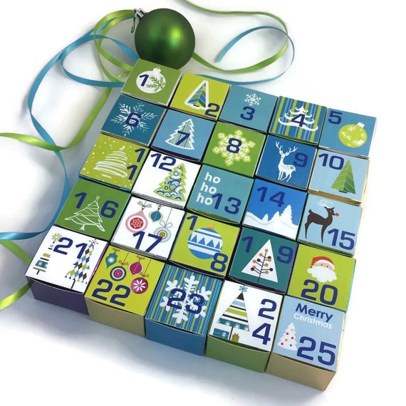 Modern Blue and Green Christmas Advent Calendar Boxes Kit Scandinavian Urban Chic Design