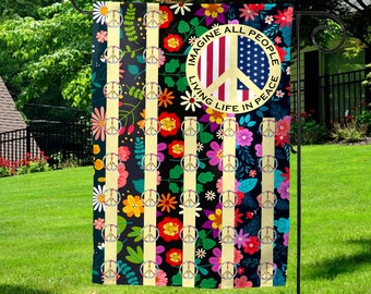 Hippie Garden Flag, Imagine All People Living Life In Peace Yard Decor, Bohemian Hippie Flag, Hippie Peace Signs, Backyard Flag SJ3241